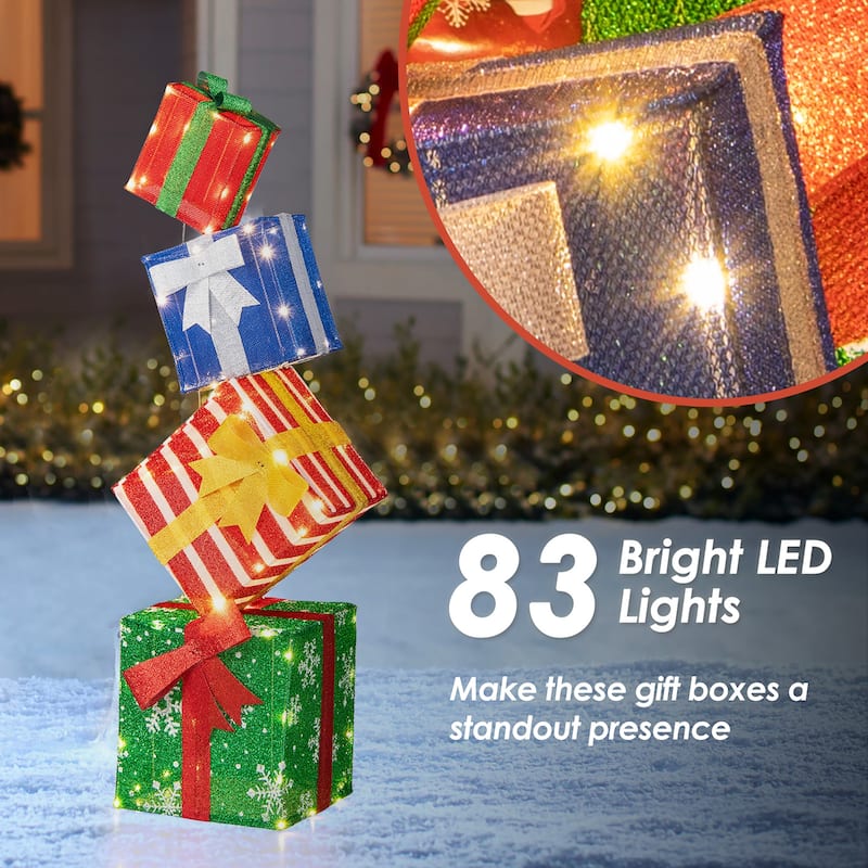 Gymax 48'' Lighted Stacked Gift Boxes Light up Box Tower Christmas - Multi-colors - See Details
