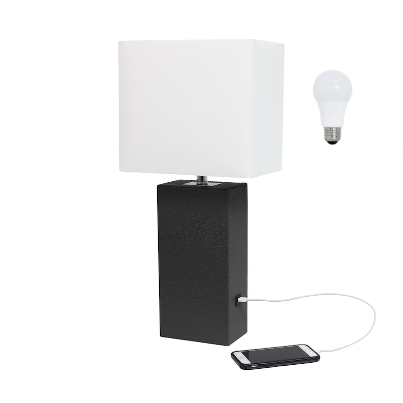 Modern Leather Table Lamp with USB and White Fabric Shade
