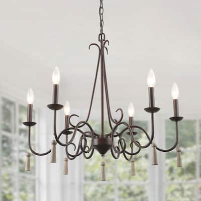 Modern Farmhouse 6-Light French Country Candle Chandelier with Wood Drops - 26.4"D x 25"H
