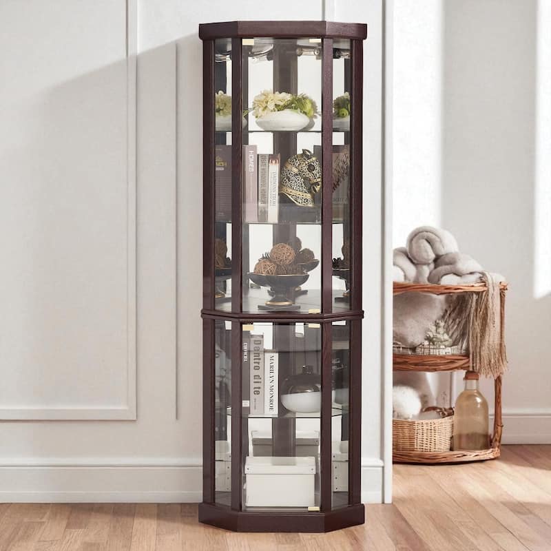 Corner Lighted Glass Curio Cabinet with Doors, Shelves and Mirrored Back for Display and Storage