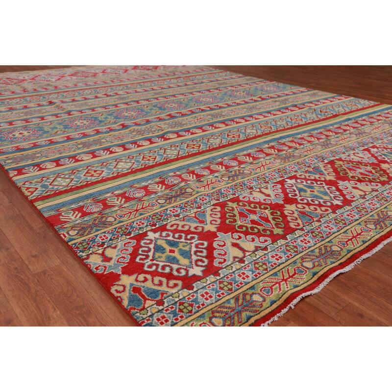 Hand Knotted Oriental 100% Wool Carpet Traditional Geometric Multi-Colored Kazak Area Rug - 11' 9'' X 8' 3''