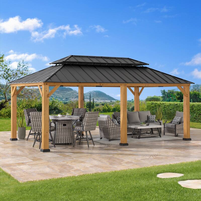 Sunjoy Outdoor Cedar Wood Frame Patio Gazebo Steel Hardtop