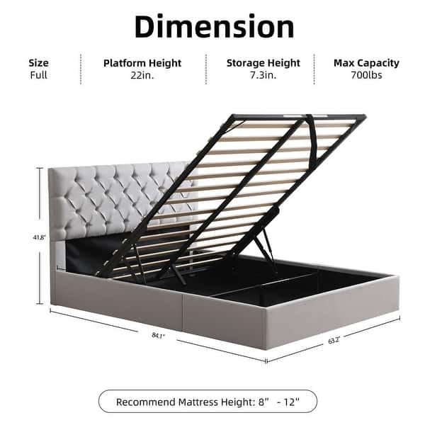 dimension image slide 3 of 9, Plywood Frame Upholstered Platform Bed with Lift-up Storage