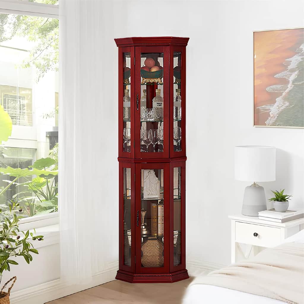 Roomfitters Wooden Corner Display Curio Cabinet, Lighted China Cabinet with Tempered Glass Door