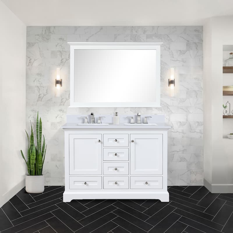 Dukes 48 in. W x 22 in. D Navy Blue Double Bath Vanity, Cultured Marble Top, and 46 in. Mirror