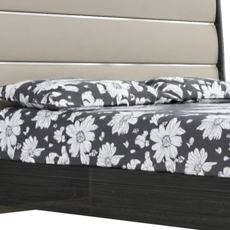 HomeRoots King Dark Grey High Gloss Bed Frame with Faux Leather Headboard