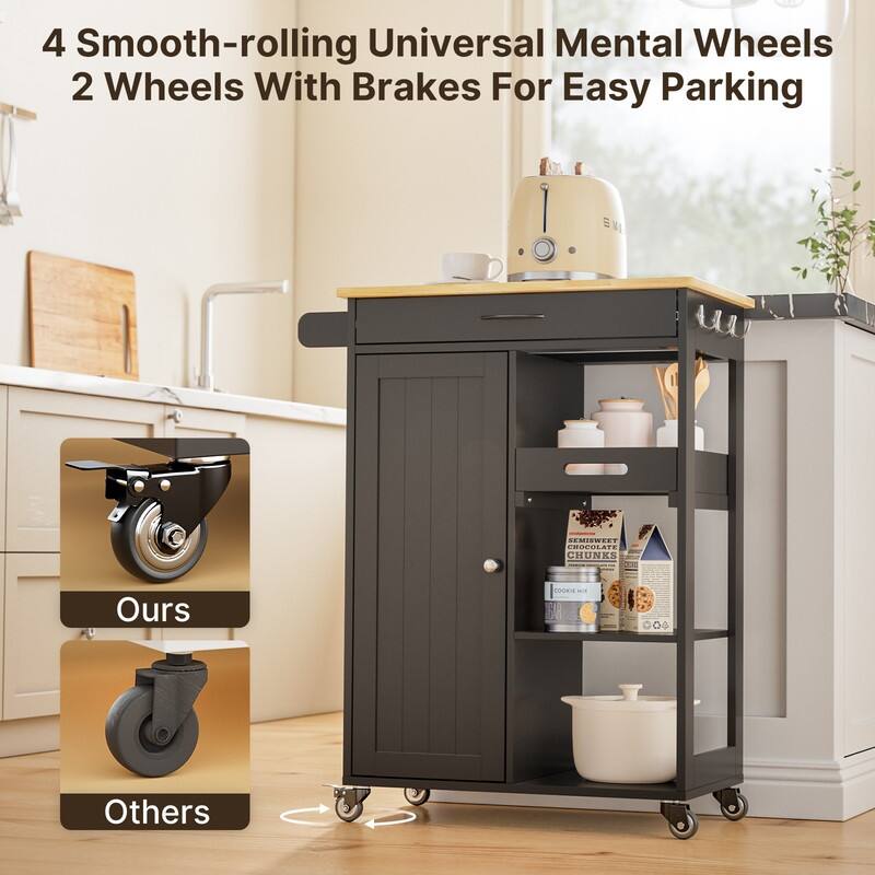 Kitchen Trolley Rolling Island Cart with 1 Drawer, Storage Cabinet and 3 Tier Storage Shelves