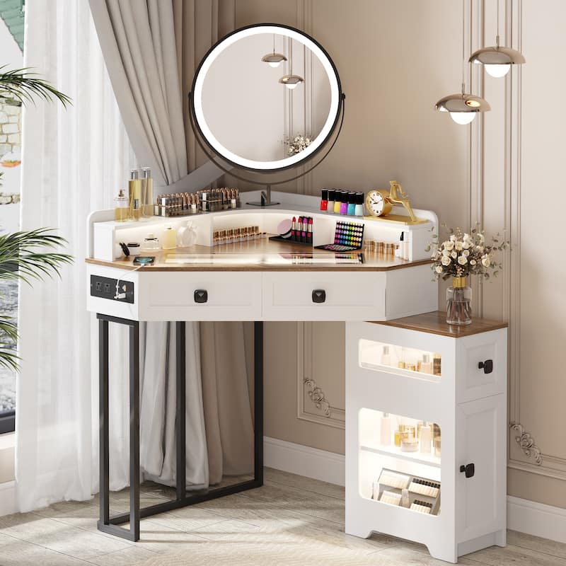 Corner Makeup Vanity With Mirror - White