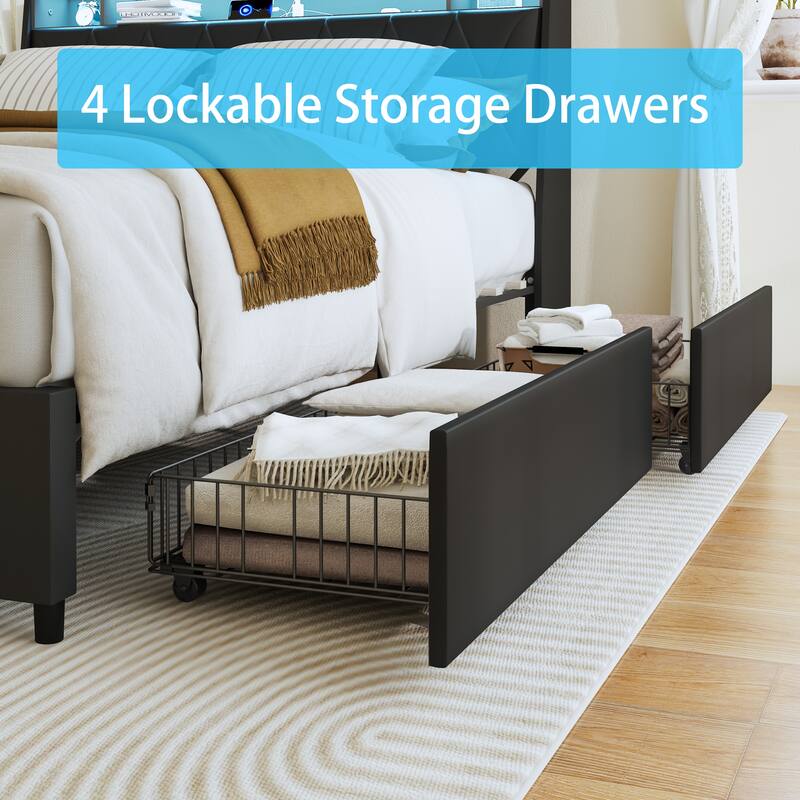 Queen Bed Frame with Ergonomic Headboard, Platform Bed Frame with Outlets & Charger & LED Light, with Storage Shelf