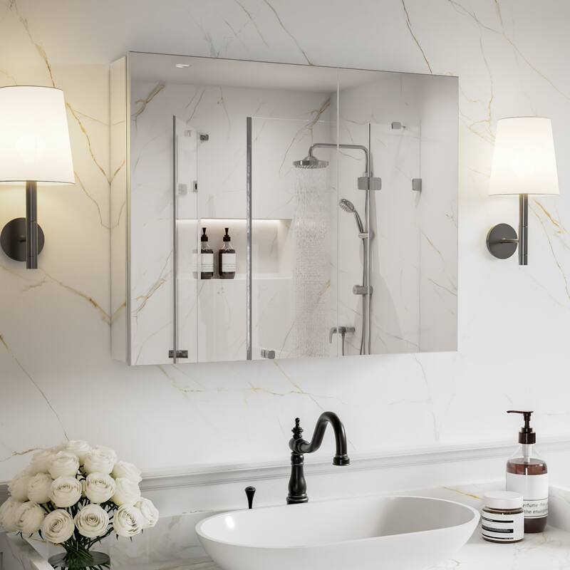 Modland 30"-36"W x 24"H Double Door Bathroom Medicine Cabinet with Mirror,Aluminum Frame