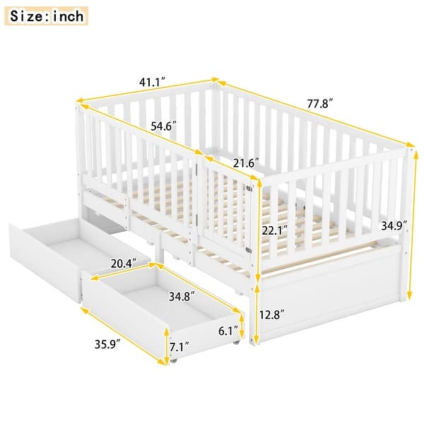 dimension image slide 2 of 3, Twin Size Daybed with Fence Guardrails and 2 Drawers
