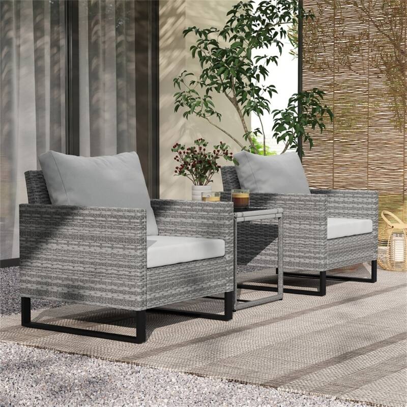 Modern 3 Piece PE Rattan Wicker Grey Outdoor Patio Furniture 2 Chairs with Cushions and Table - 26.8" W x 26" D x 29.5" H