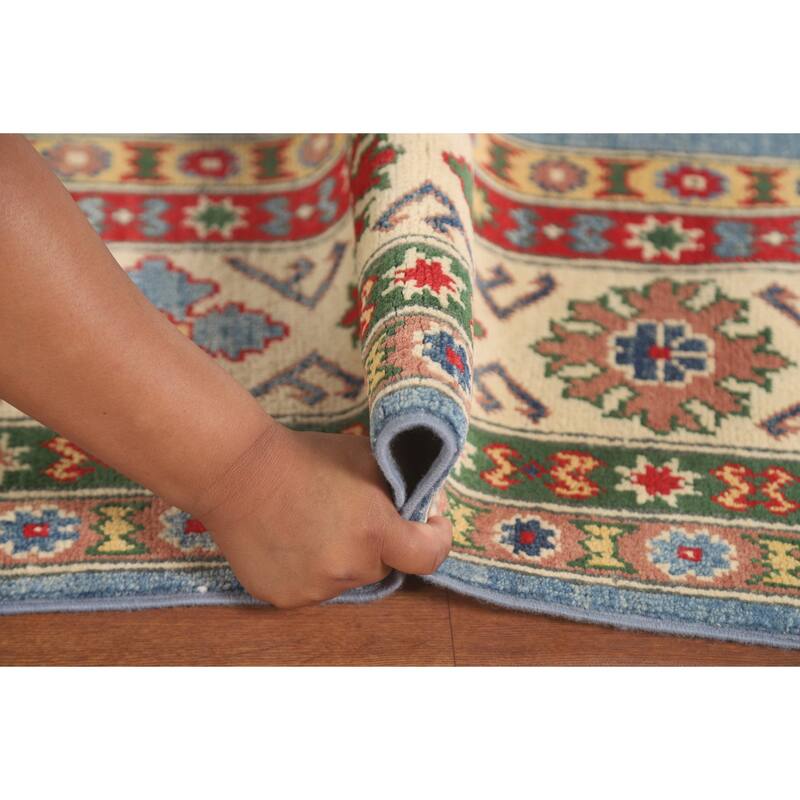 Blue Geometric Kazak Area Rug Hand-Knotted Traditional Wool Carpet - 6'8" x 9'9"