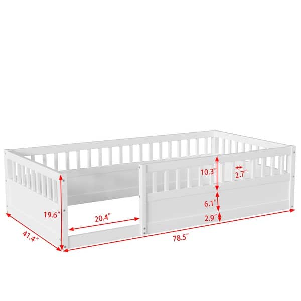 Twin Wooden Floor Bed Frame with Safety Fence, Low to Ground Design for Kids' Bedroom & Playroom, Easy Assembly, White