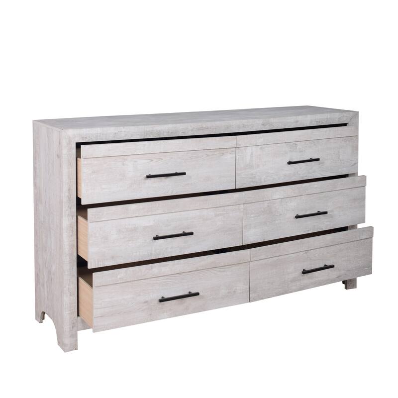 Bisca 63 Inch Wide Dresser, 6 Drawers, Black Handles, Light Gray Wood