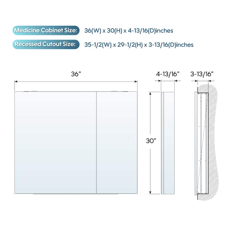 36"W X 30'H Recessed or Surface Wall Mount Bathroom Medicine Cabinet With Adjustable Glass Shelves
