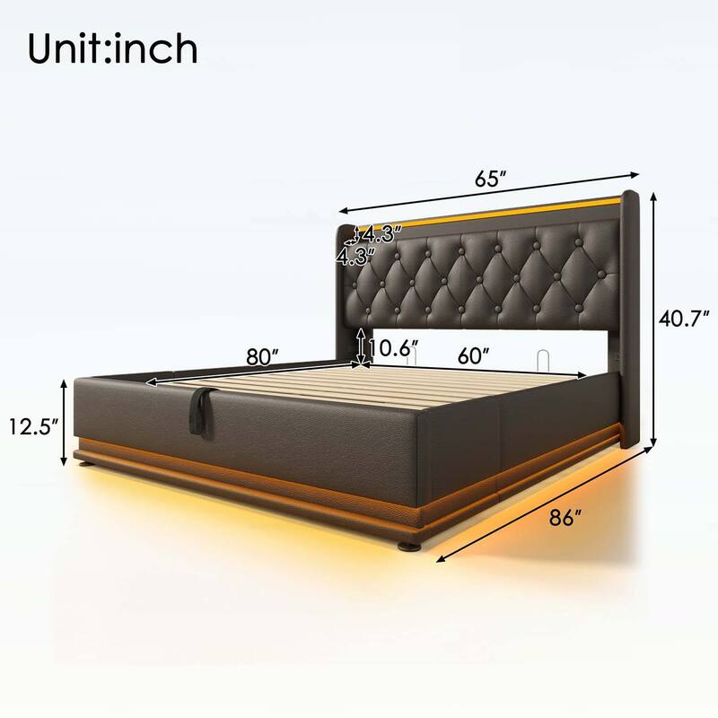 Classic Upholstered Bed with 360 LED Lighting,Hydraulic Storage,and USB Charging