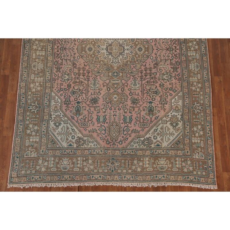 Hand Knotted Oriental 100% Wool Carpet Traditional Medallion Pink Tabriz Area Rug - 9' 5'' X 6' 5''