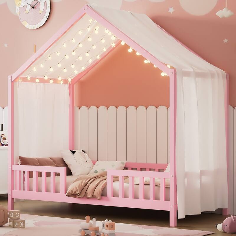 Twin Bed Frame for Kids, House Shape Toddler Bed Frame with High Railings, Wood Kids Bed with Roof - Pink