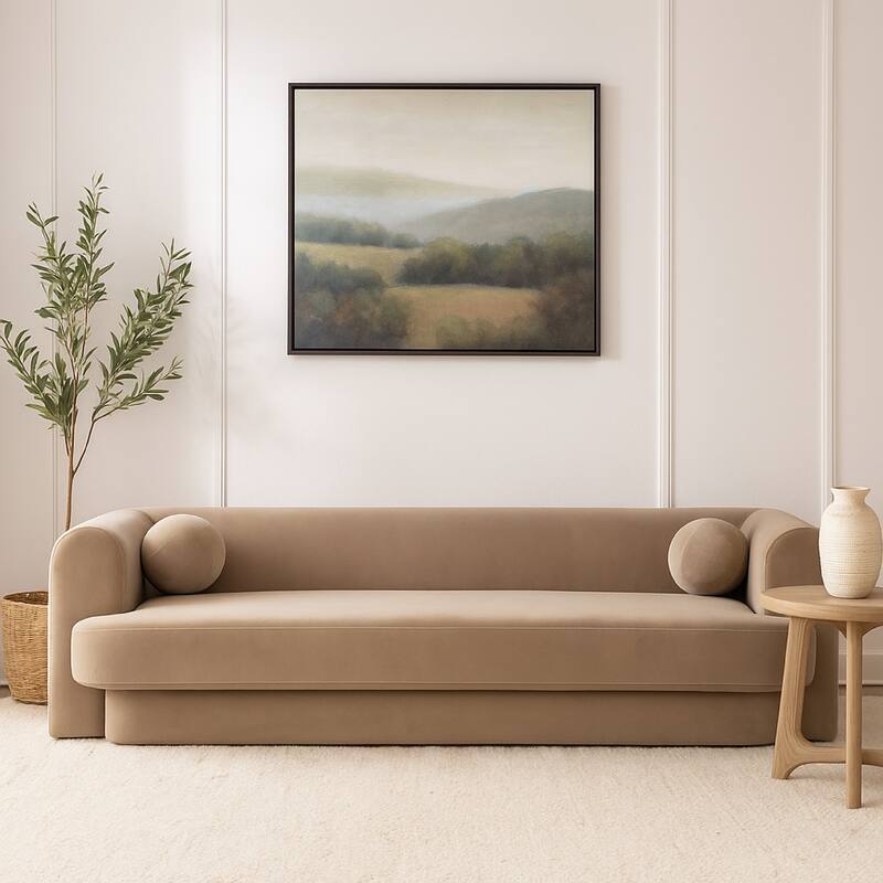 Foxo Retro Sofa, 2 Accent Pillows, Padded Camel Brown Velvet, 99 Inch