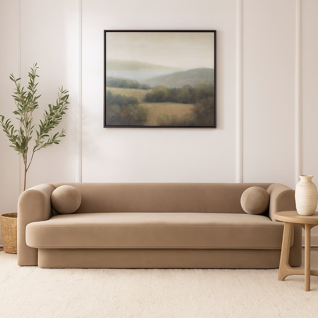 Foxo Retro Sofa, 2 Accent Pillows, Padded Camel Brown Velvet, 99 Inch