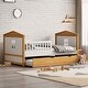 preview thumbnail 1 of 7, White+Walnut Twin Size Wood House Shape Bed with Trundle Wooden Bed for Girls Boys Teens White+Walnut