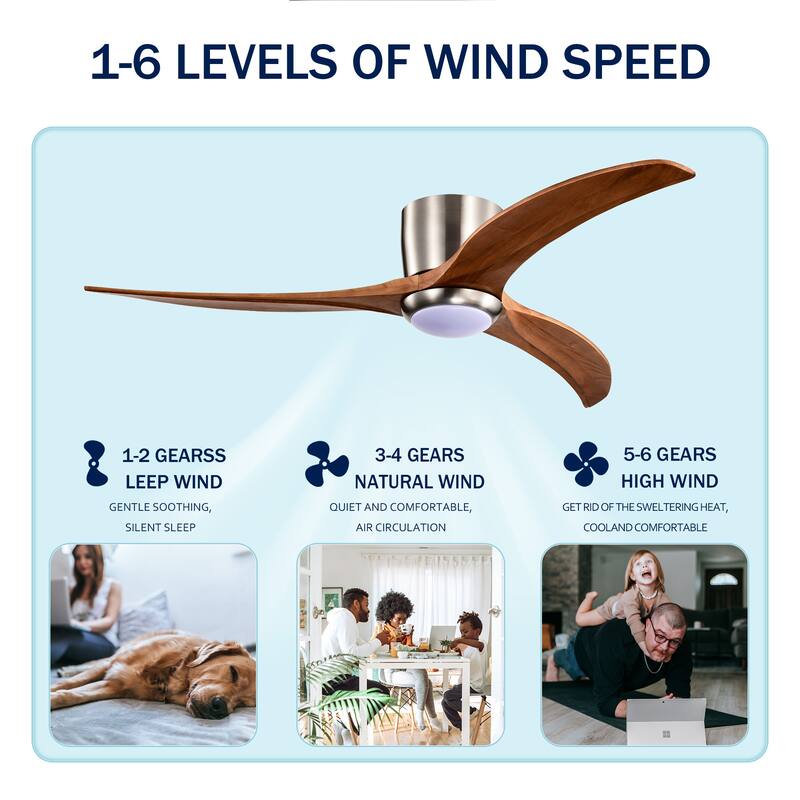52" Flush Mount Fan Light, 3 PCS Solid Wood Blades Ceiling Fan with Lights Remote Control, Quiet DC Motor, 6 Speed