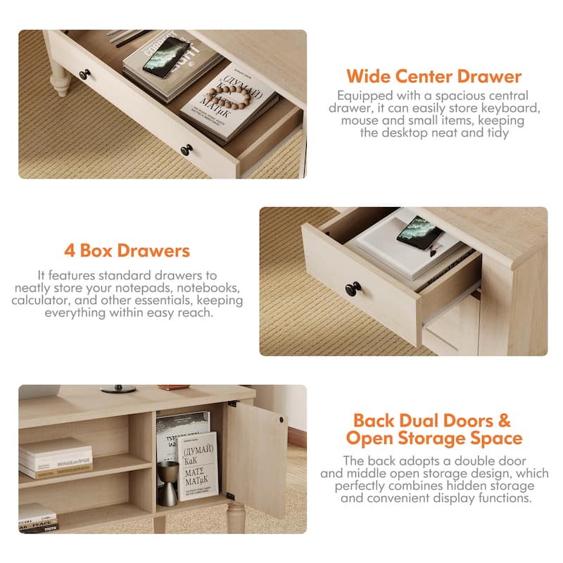 56'' Farmhouse Executive Desk with Drawers White/Oak - 5 Drawers and 2 Doors