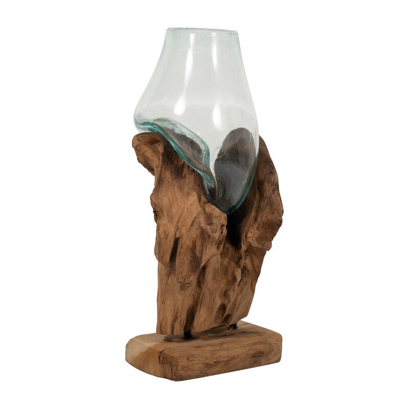Sagebrook Home Glass Vase In Wood Stand, Brown Finish, Centerpieces, and Home Decor