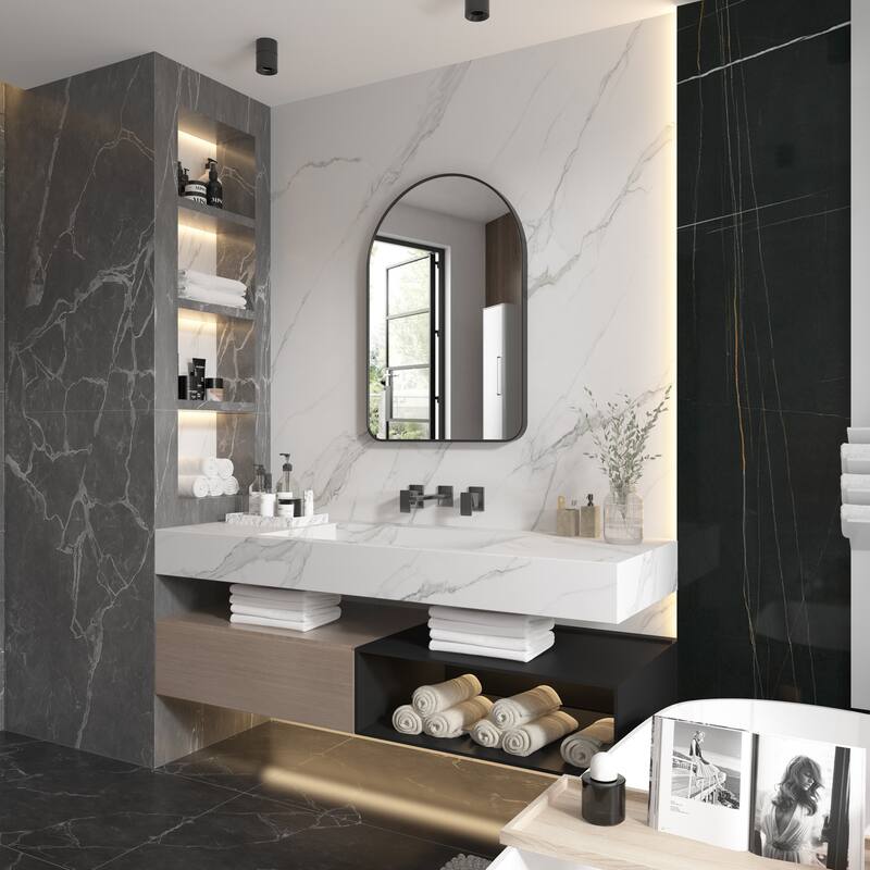 24 in./28 in. W x 36 in. H Bathroom Wall Mounted Arched Anodized Aluminum Framed Mirror