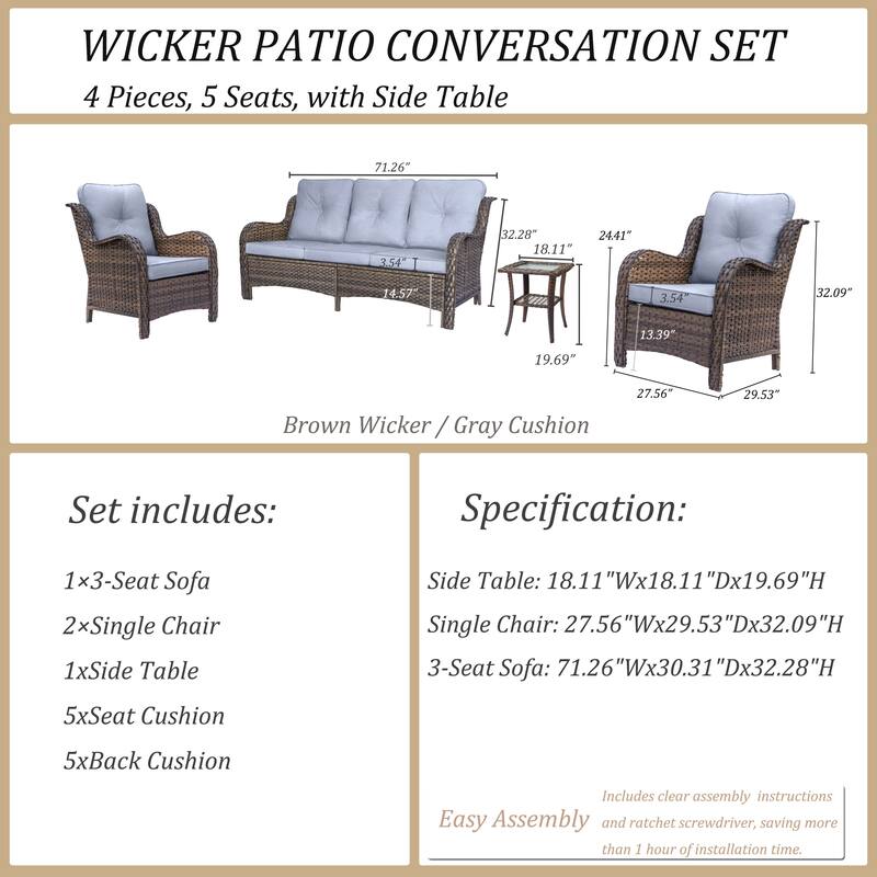 4 Piece Outdoor High Back Wicker Patio Conversation Furniture Sets