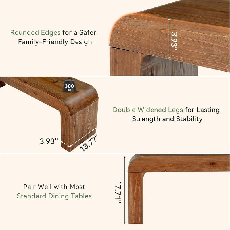 55" Solid Wood Dining Bench, Entryway Bench with Thick Block Seat, Modern Farmhouse Indoor Bench