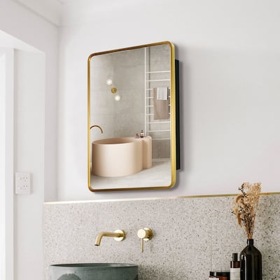 Gold Rectangular Metal Framed Surface or Recessed Mount Bathroom Medicine Cabinet with Mirror