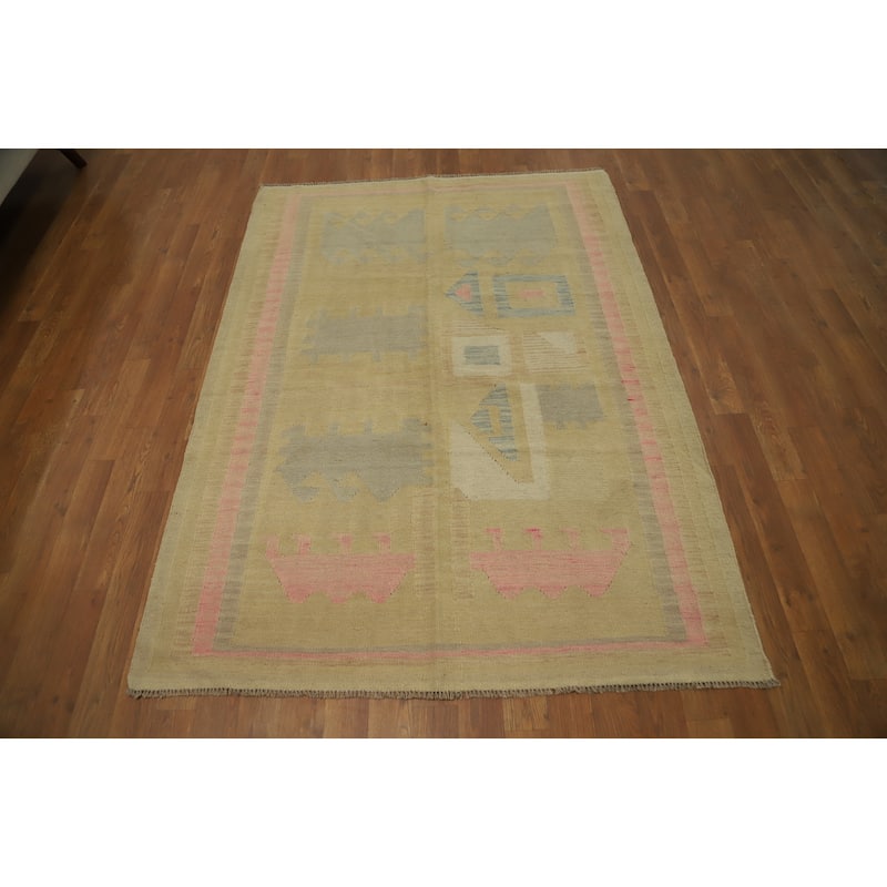 Hand Woven Oriental 100% Wool Carpet Southwestern Modern Yellow & Gold Kilim Area Rug - 5' 9'' X 4' 2''