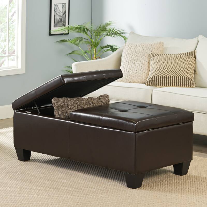 PU Leather Storage Ottoman with Double Opening Tray and Upholstered Top