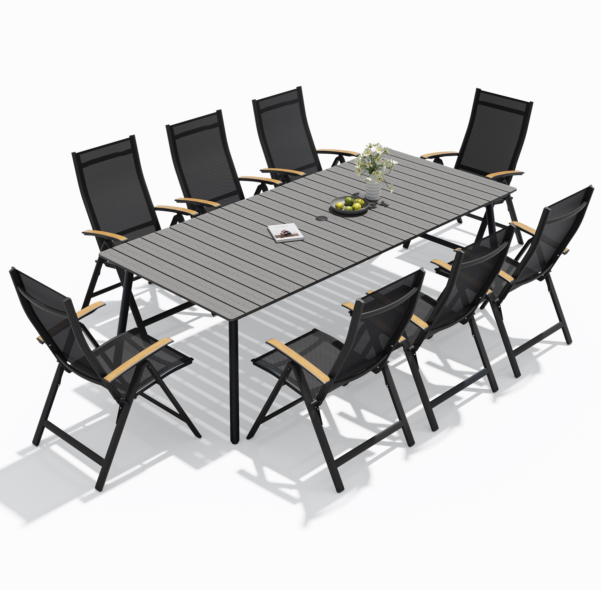 9-Piece Outdoor Patio Dining Set Wood-Like Table Top Aluminum Umbrella Hole Table with Folding Armrest Chairs