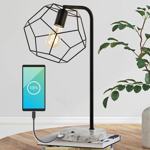Cooper 23.5" Industrial Farmhouse Head-Adjustable Iron LED Task Lamp with USB Charging Port, Black by JONATHAN Y