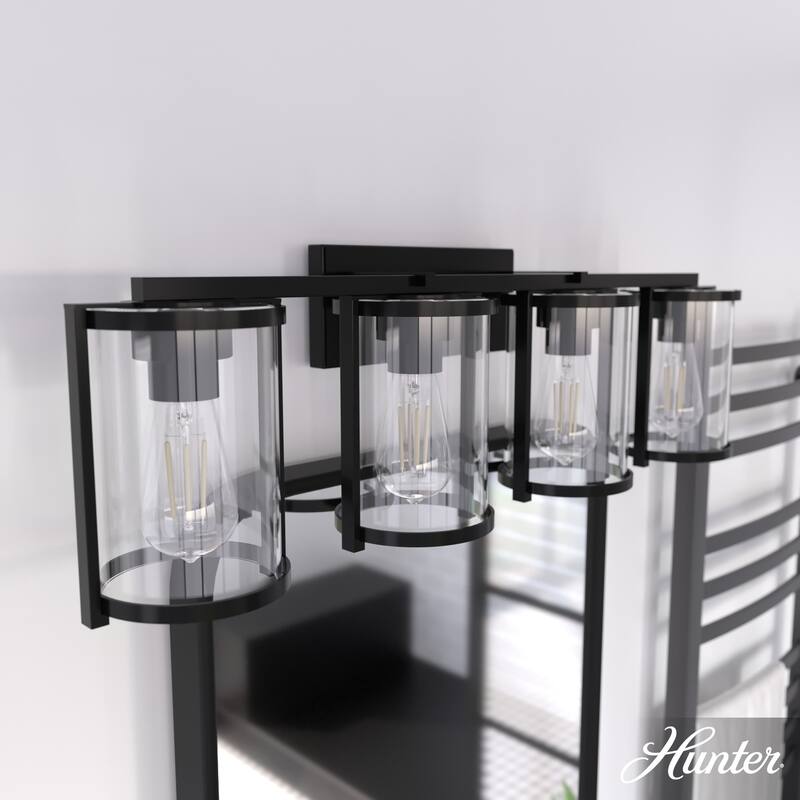 Hunter Astwood Bathroom Vanity Light, Clear Cylinder Glass, Damp Rated, Caged - Contemporary, Transitional, Art-Deco - 4-Light 33" - Matte Black