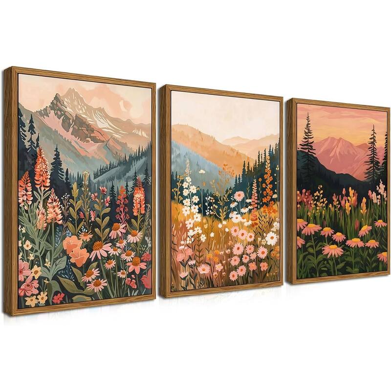 Colorful Mountain Wall Art Set of 3, Vintage Wildflower Landscape - 16 x 24
