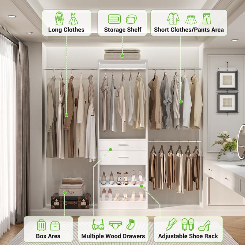 69-96" W Adjustable Closet System with 2 Wooden Drawers and 2 Hanging Rods,Closet Organizer with Shoe Rack for Walk-in/Reach-in
