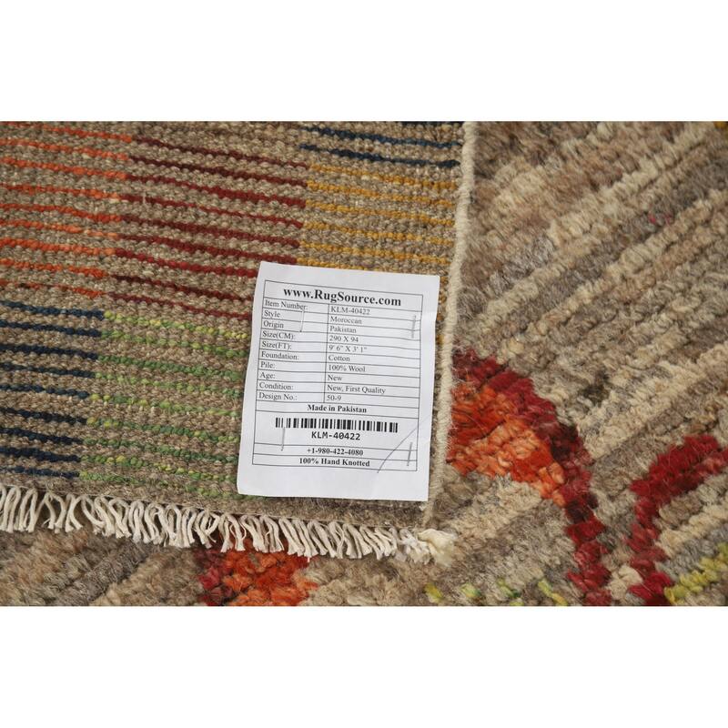 Geometric Moroccan Runner Rug Hand-Knotted Wool Carpet - 3'1" x 9'6"
