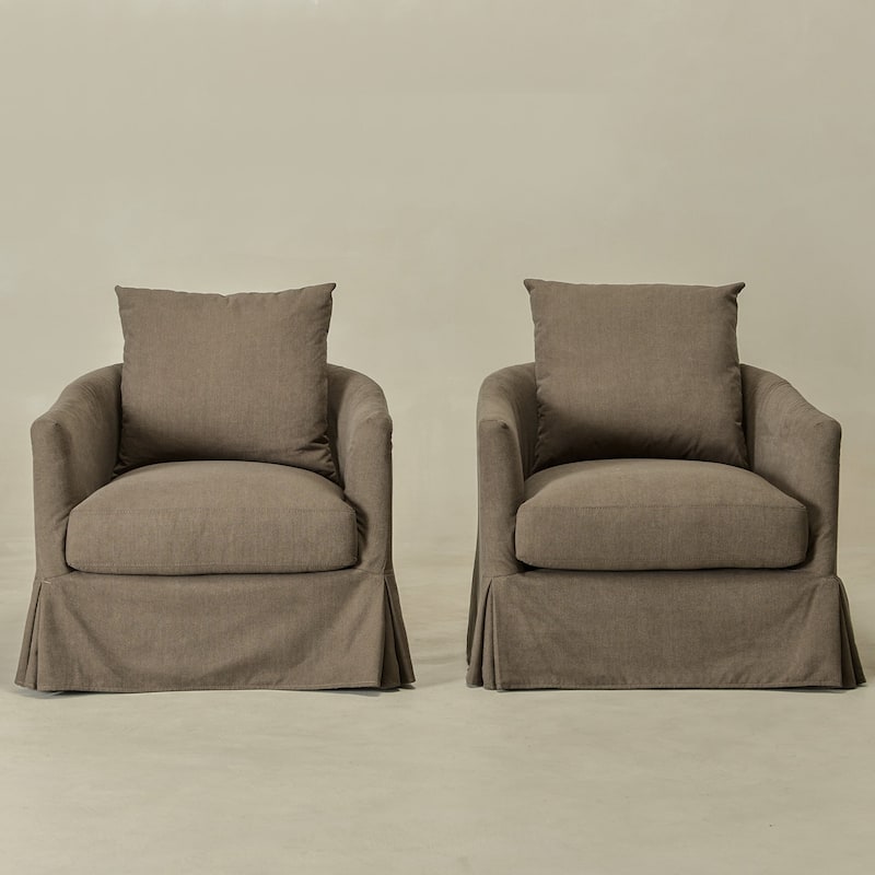 KINWELL 32" W Down Fill Upholstered Slipcovered Swivel Barrel Accent Armchair