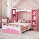 preview thumbnail 2 of 7, Twin Size Castle-Shaped Platform Bed, Wood Storage Bed with Storage Shelf, Wood Dreamy Bed Frame, Kids, Teens, Pink+White