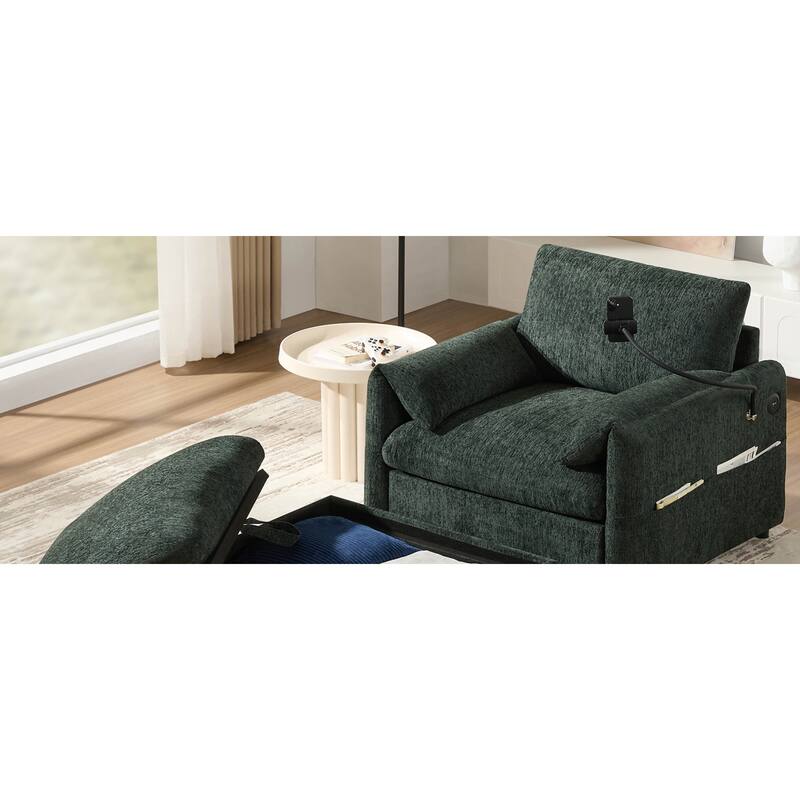 Roomfitters 37" Single Sofa with Storage Ottoman, Chenille Armchair with Phone Holder and Charging Ports, Lounge Chair