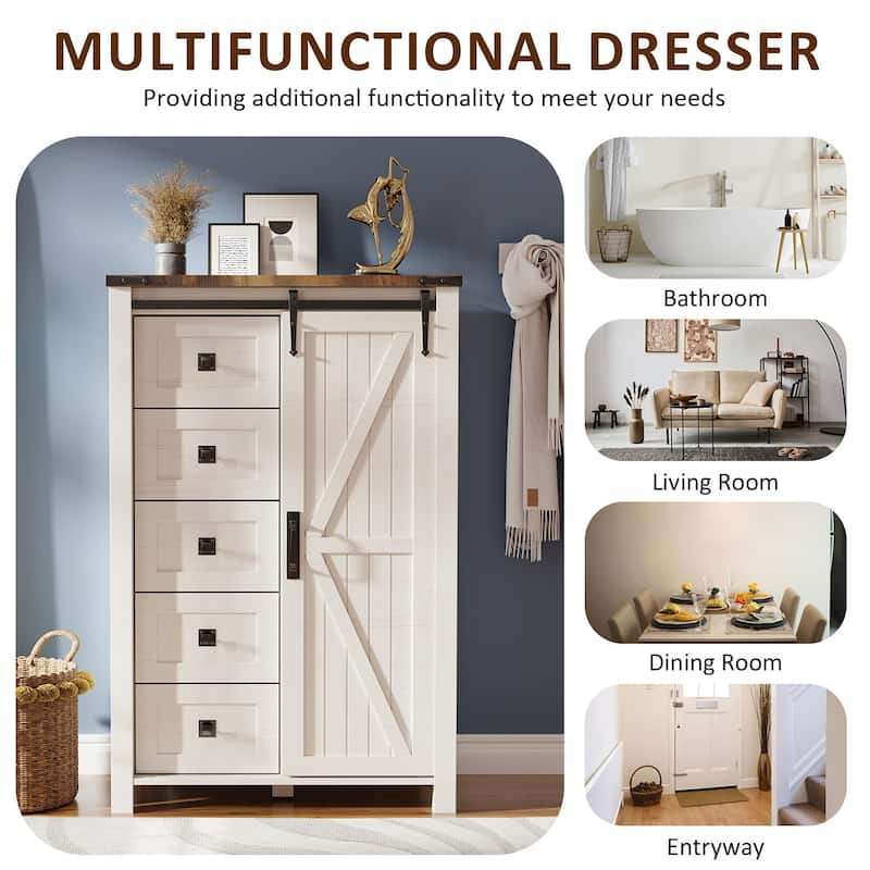 Farmhouse 5 Drawers Dresser, Vintage Chest of Drawers with Barn Door