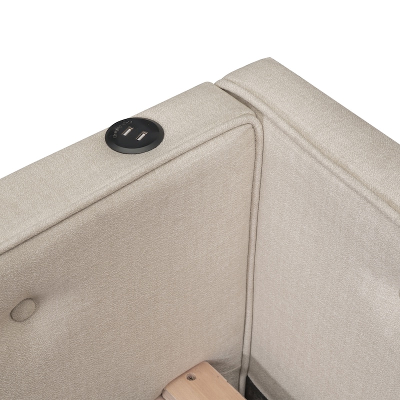 Roomfitters Full/Queen Size Upholstered Platform Bed with USB Port, Trundle Included, Beige