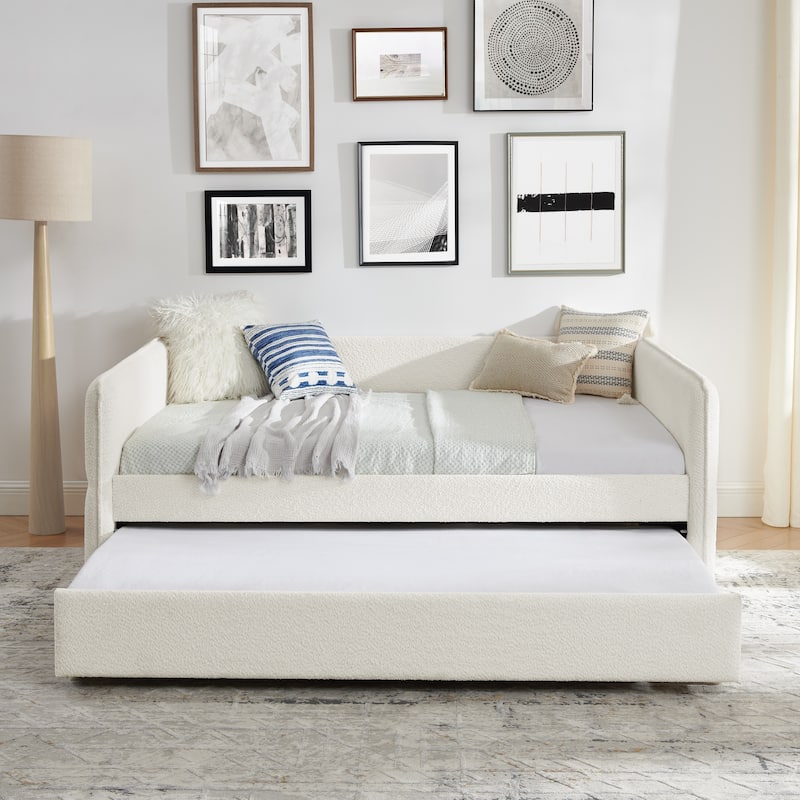Daybed with Trundle Upholstered Tufted Sofa Bed, Full Size, Boucle Fabric, Beige(83"x58.5"x29.5")