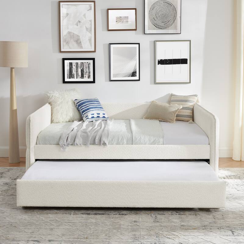 Roomfitters Twin/Full Boucle Daybed with Trundle, Upholstered Sofa Bed Frame with Vertical Stripes, Beige