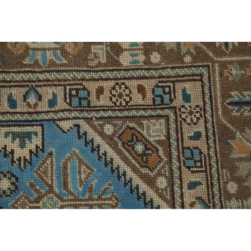 Blue Geometric Tabriz Vintage Persian Rug Hand-Knotted Wool Carpet - 6'5" x 9'4"