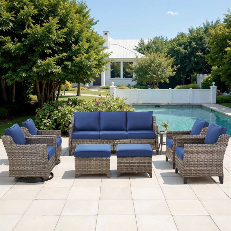 Pocassy Outdoor All-Weather Outdoor Sofa, Swivel Chair, Ottoman Sets - Grey Wicker Blue Cushion - 8 Pieces Sofa Chair Table with Ottoman
